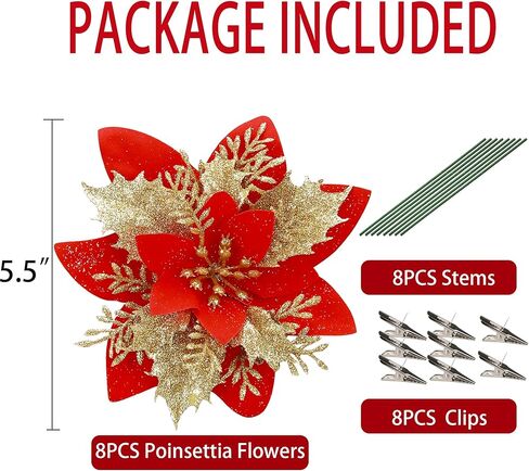 EFIVS ARTS 8 قطع من زهور البونسيتة الاصطناعية لعيد الميلاد مع مشابك وسيقان زينة شجرة عيد الميلاد اللامعة لإكليل عيد الميلاد والزفاف، وتزيين المطعم (الذهب الأحمر) in Kuwait