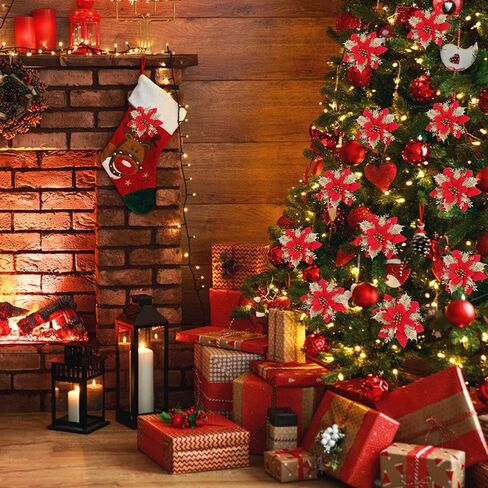 EFIVS ARTS 8 قطع من زهور البونسيتة الاصطناعية لعيد الميلاد مع مشابك وسيقان زينة شجرة عيد الميلاد اللامعة لإكليل عيد الميلاد والزفاف، وتزيين المطعم (الذهب الأحمر) in Kuwait