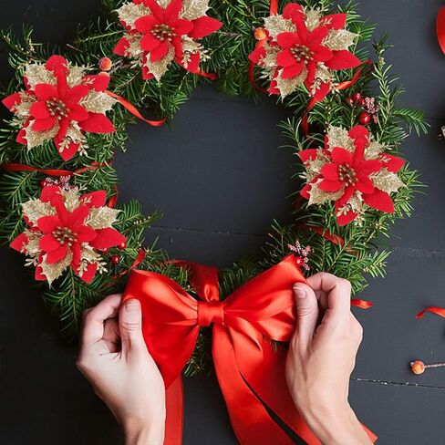 EFIVS ARTS 8 قطع من زهور البونسيتة الاصطناعية لعيد الميلاد مع مشابك وسيقان زينة شجرة عيد الميلاد اللامعة لإكليل عيد الميلاد والزفاف، وتزيين المطعم (الذهب الأحمر) in Kuwait