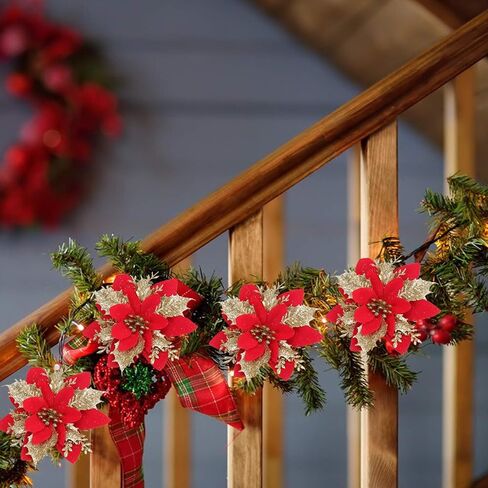 EFIVS ARTS 8 قطع من زهور البونسيتة الاصطناعية لعيد الميلاد مع مشابك وسيقان زينة شجرة عيد الميلاد اللامعة لإكليل عيد الميلاد والزفاف، وتزيين المطعم (الذهب الأحمر) in Kuwait