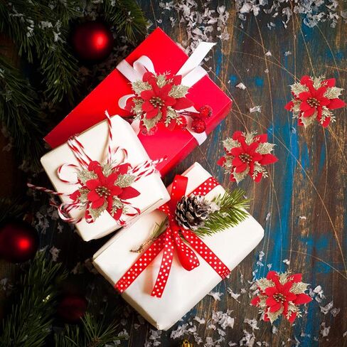 EFIVS ARTS 8 قطع من زهور البونسيتة الاصطناعية لعيد الميلاد مع مشابك وسيقان زينة شجرة عيد الميلاد اللامعة لإكليل عيد الميلاد والزفاف، وتزيين المطعم (الذهب الأحمر) in Kuwait