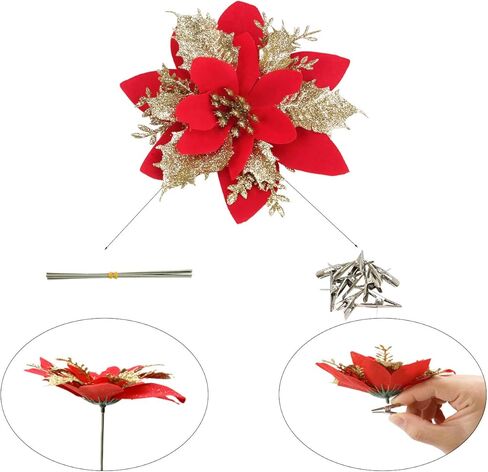 EFIVS ARTS 8 قطع من زهور البونسيتة الاصطناعية لعيد الميلاد مع مشابك وسيقان زينة شجرة عيد الميلاد اللامعة لإكليل عيد الميلاد والزفاف، وتزيين المطعم (الذهب الأحمر) in Kuwait