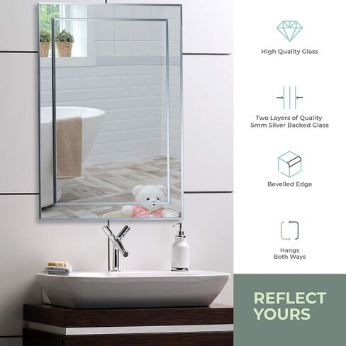 Neue Design Mood Rectangular Bathroom Mirror Wall Mounted (16 x 20 Inch), Double Layer of Glass, Vertical & Horizontal with Beveled Edges for Bathroom Vanity in Saudi Arabia