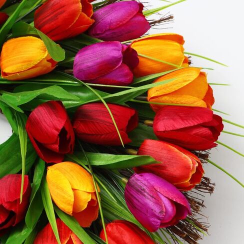 LSKYTOP 17 بوصة إكليل زهرة التوليب مع 48 رأس إكليل زهور تيوليب وإكليل من العشب الأمامي وإكليل المزرعة وإكليل الريفي وإكليل من العنب، وتزيين النوافذ in Kuwait