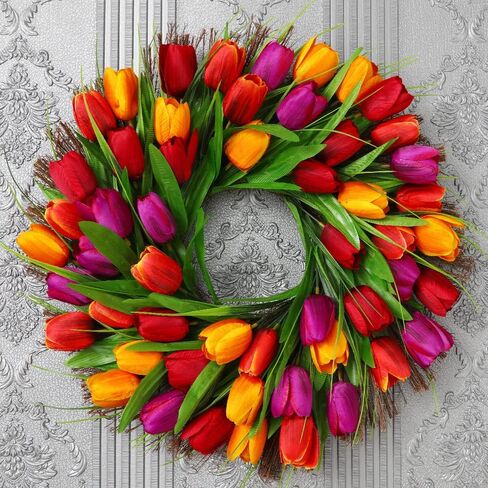 LSKYTOP 17 بوصة إكليل زهرة التوليب مع 48 رأس إكليل زهور تيوليب وإكليل من العشب الأمامي وإكليل المزرعة وإكليل الريفي وإكليل من العنب، وتزيين النوافذ in Kuwait