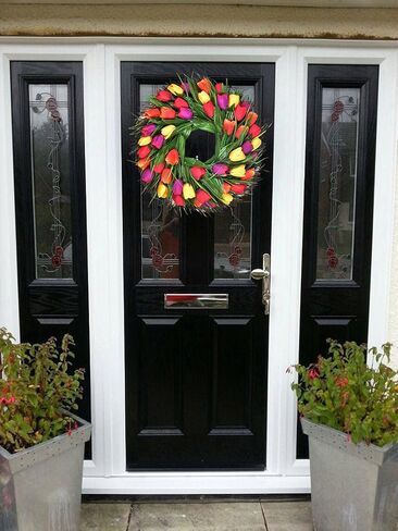 LSKYTOP 17 بوصة إكليل زهرة التوليب مع 48 رأس إكليل زهور تيوليب وإكليل من العشب الأمامي وإكليل المزرعة وإكليل الريفي وإكليل من العنب، وتزيين النوافذ in Kuwait