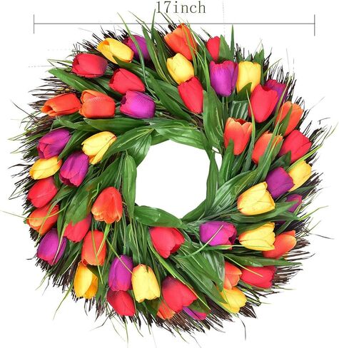 LSKYTOP 17 بوصة إكليل زهرة التوليب مع 48 رأس إكليل زهور تيوليب وإكليل من العشب الأمامي وإكليل المزرعة وإكليل الريفي وإكليل من العنب، وتزيين النوافذ in Kuwait