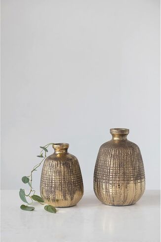 Creative Co-Op Textured Terra-cotta Vase with Lines, Gold Finish in Saudi Arabia