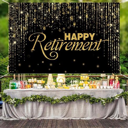 Happy Retirement Backdrop with 70.8"X43.3"，Large Happy Retirement Banner Background Photography with Rope, Party Decoration Supplies for Photo Booth Props Decor Outdoor Indoor (Black) in Saudi Arabia