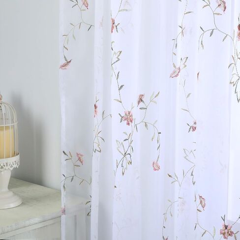 Taisier Home Floral White Sheer Curtains Flower Print Vine Embroidery Bedroom Curtain Rod Pocket Voile Window Curtains for Living Room, 52 x 45 inches Long,Blue Buds with Brown Branch Pattern in Saudi Arabia