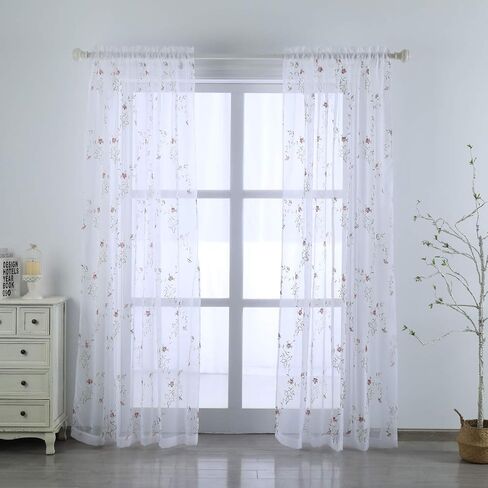 Taisier Home Floral White Sheer Curtains Flower Print Vine Embroidery Bedroom Curtain Rod Pocket Voile Window Curtains for Living Room, 52 x 45 inches Long,Blue Buds with Brown Branch Pattern in Saudi Arabia