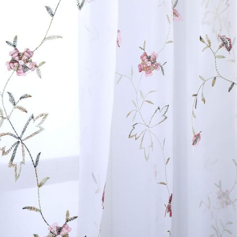Taisier Home Floral White Sheer Curtains Flower Print Vine Embroidery Bedroom Curtain Rod Pocket Voile Window Curtains for Living Room, 52 x 45 inches Long,Blue Buds with Brown Branch Pattern in Saudi Arabia