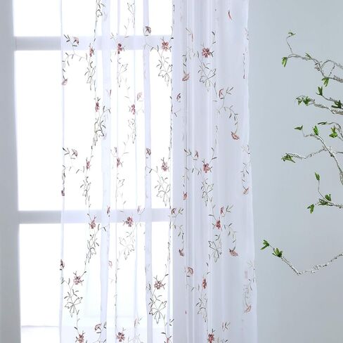 Taisier Home Floral White Sheer Curtains Flower Print Vine Embroidery Bedroom Curtain Rod Pocket Voile Window Curtains for Living Room, 52 x 45 inches Long,Blue Buds with Brown Branch Pattern in Saudi Arabia