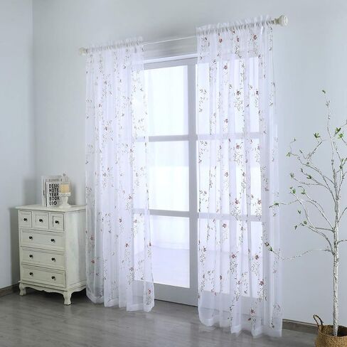 Taisier Home Floral White Sheer Curtains Flower Print Vine Embroidery Bedroom Curtain Rod Pocket Voile Window Curtains for Living Room, 52 x 45 inches Long,Blue Buds with Brown Branch Pattern in Saudi Arabia