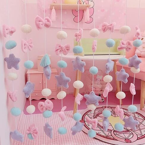 Kawaii Doorway Curtains Girls Bedroom Wall Hanging Decor Cute Fluffy Star Bowknot Pentacle Garland Door Strings Nursery Curtain for Baby Room (Rod Pocket, Pink Star) in Saudi Arabia
