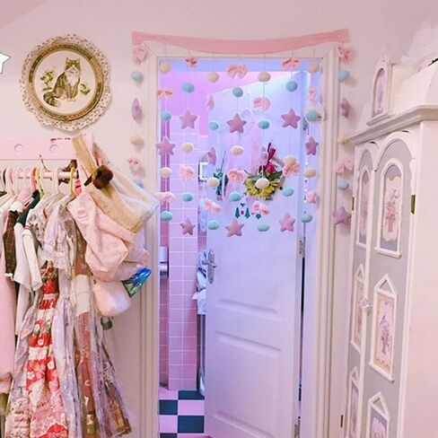 Kawaii Doorway Curtains Girls Bedroom Wall Hanging Decor Cute Fluffy Star Bowknot Pentacle Garland Door Strings Nursery Curtain for Baby Room (Rod Pocket, Pink Star) in Saudi Arabia