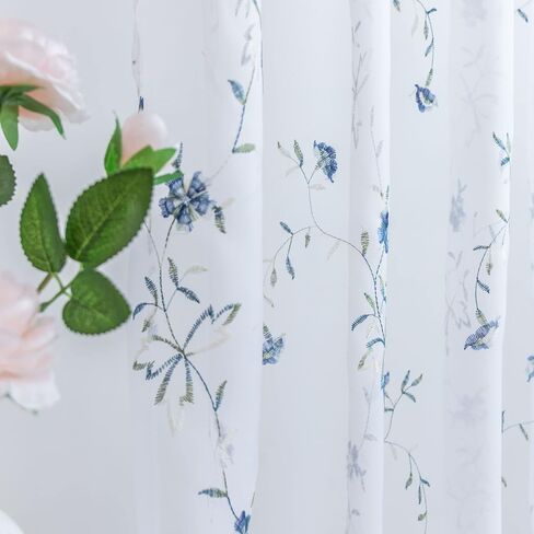 Taisier Home Floral White Sheer Curtains Flower Print Vine Embroidery Bedroom Curtain Rod Pocket Voile Window Curtains for Living Room, 52 x 45 inches Long,Blue Buds with Brown Branch Pattern in Saudi Arabia
