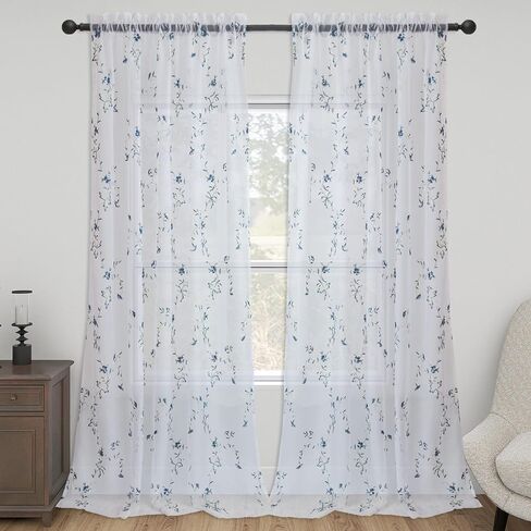 Taisier Home Floral White Sheer Curtains Flower Print Vine Embroidery Bedroom Curtain Rod Pocket Voile Window Curtains for Living Room, 52 x 45 inches Long,Blue Buds with Brown Branch Pattern in Saudi Arabia