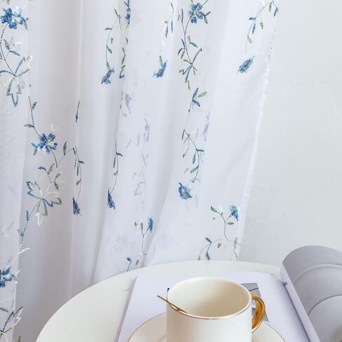 Taisier Home Floral White Sheer Curtains Flower Print Vine Embroidery Bedroom Curtain Rod Pocket Voile Window Curtains for Living Room, 52 x 45 inches Long,Blue Buds with Brown Branch Pattern in Saudi Arabia