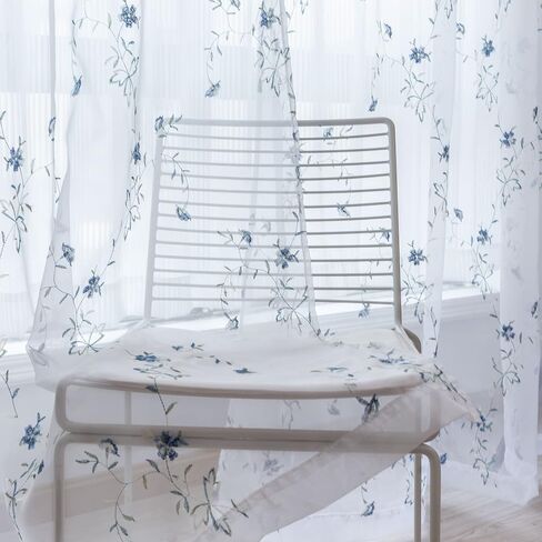 Taisier Home Floral White Sheer Curtains Flower Print Vine Embroidery Bedroom Curtain Rod Pocket Voile Window Curtains for Living Room, 52 x 45 inches Long,Blue Buds with Brown Branch Pattern in Saudi Arabia