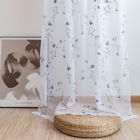 Taisier Home Floral White Sheer Curtains Flower Print Vine Embroidery Bedroom Curtain Rod Pocket Voile Window Curtains for Living Room, 52 x 45 inches Long,Blue Buds with Brown Branch Pattern in Saudi Arabia