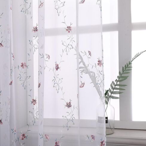 Taisier Home Floral White Sheer Curtains Flower Print Vine Embroidery Bedroom Curtain Rod Pocket Voile Window Curtains for Living Room, 52 x 45 inches Long,Blue Buds with Brown Branch Pattern in Saudi Arabia