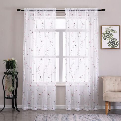 Taisier Home Floral White Sheer Curtains Flower Print Vine Embroidery Bedroom Curtain Rod Pocket Voile Window Curtains for Living Room, 52 x 45 inches Long,Blue Buds with Brown Branch Pattern in Saudi Arabia