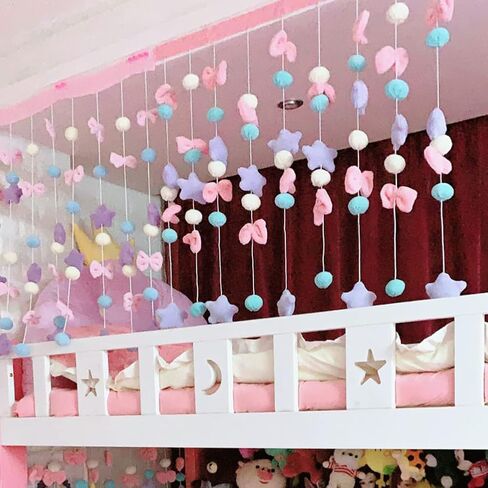 Kawaii Doorway Curtains Girls Bedroom Wall Hanging Decor Cute Fluffy Star Bowknot Pentacle Garland Door Strings Nursery Curtain for Baby Room (Rod Pocket, Pink Star) in Saudi Arabia