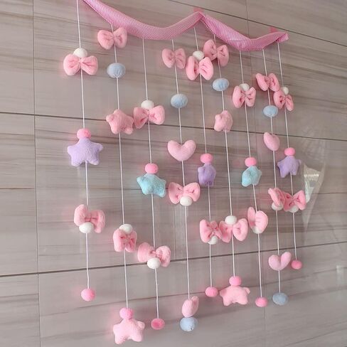 Kawaii Doorway Curtains Girls Bedroom Wall Hanging Decor Cute Fluffy Star Bowknot Pentacle Garland Door Strings Nursery Curtain for Baby Room (Rod Pocket, Pink Star) in Saudi Arabia