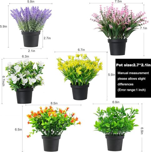 ريدسي نباتات صناعية بوعاء - مجموعة من 6 نباتات صناعية صغيرة زهور في وعاء أسود من البلاستيك اللافندر المزيف لمكتب المكتب الداخلي والخارجي لتزيين المنزل - 7 بوصة in Kuwait