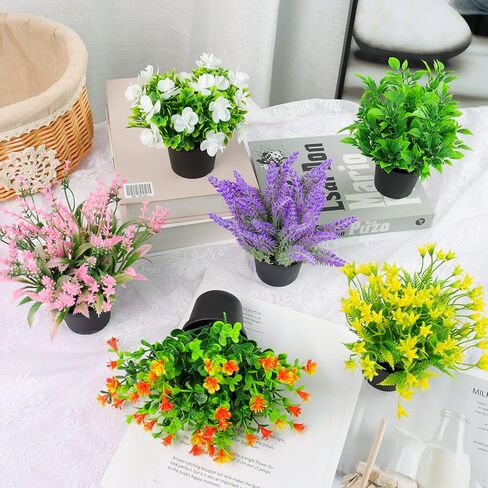 ريدسي نباتات صناعية بوعاء - مجموعة من 6 نباتات صناعية صغيرة زهور في وعاء أسود من البلاستيك اللافندر المزيف لمكتب المكتب الداخلي والخارجي لتزيين المنزل - 7 بوصة in Kuwait
