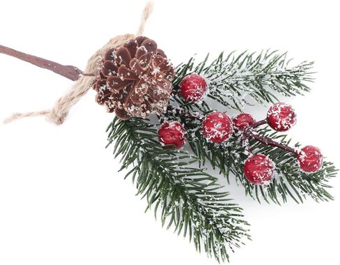 12 Pieces Artificial Pine Picks Christmas Tree Picks with Red Berries Pinecones Bowknot Artificial Pine Branches Stems Frosted Holly Spray for Winter Decoration Xmas Party DIY Crafts (12, Red) in Kuwait