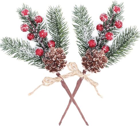 12 Pieces Artificial Pine Picks Christmas Tree Picks with Red Berries Pinecones Bowknot Artificial Pine Branches Stems Frosted Holly Spray for Winter Decoration Xmas Party DIY Crafts (12, Red) in Kuwait