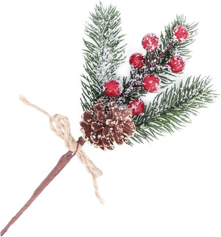 12 Pieces Artificial Pine Picks Christmas Tree Picks with Red Berries Pinecones Bowknot Artificial Pine Branches Stems Frosted Holly Spray for Winter Decoration Xmas Party DIY Crafts (12, Red) in Kuwait