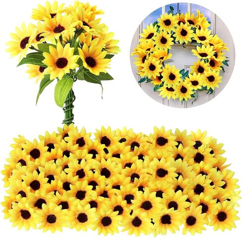 لوينابيو 50 قطعة من رؤوس عباد الشمس الاصطناعية الصغيرة مع سلك حديدي لتزيين المنزل والحفلات وحفلات الزفاف، قطع مركزية للعروس وأكليل الزهور والحديقة والحرف اليدوية (1.77 انش) in Kuwait