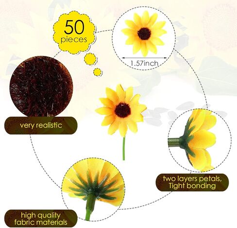 لوينابيو 50 قطعة من رؤوس عباد الشمس الاصطناعية الصغيرة مع سلك حديدي لتزيين المنزل والحفلات وحفلات الزفاف، قطع مركزية للعروس وأكليل الزهور والحديقة والحرف اليدوية (1.77 انش) in Kuwait
