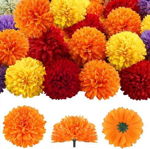 40Pcs 2.75'' Marigold Flowers Heads Bulk, Silk Marigold Artificial Flowers for Diwali Home Decor DIY Wreath Garland Craft Baby Shower Wedding Mexican Party Decoration Halloween Decor（Colorful-B） in Kuwait