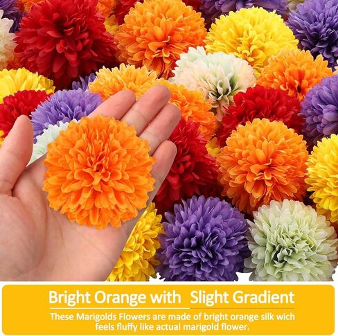 40Pcs 2.75'' Marigold Flowers Heads Bulk, Silk Marigold Artificial Flowers for Diwali Home Decor DIY Wreath Garland Craft Baby Shower Wedding Mexican Party Decoration Halloween Decor（Colorful-B） in Kuwait