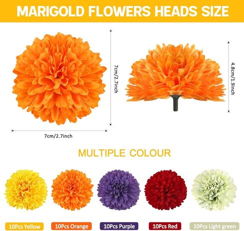 40Pcs 2.75'' Marigold Flowers Heads Bulk, Silk Marigold Artificial Flowers for Diwali Home Decor DIY Wreath Garland Craft Baby Shower Wedding Mexican Party Decoration Halloween Decor（Colorful-B） in Kuwait