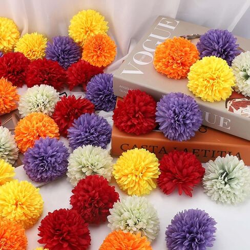 40Pcs 2.75'' Marigold Flowers Heads Bulk, Silk Marigold Artificial Flowers for Diwali Home Decor DIY Wreath Garland Craft Baby Shower Wedding Mexican Party Decoration Halloween Decor（Colorful-B） in Kuwait