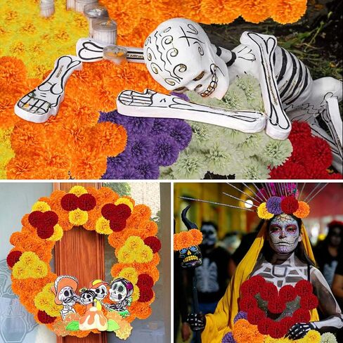 40Pcs 2.75'' Marigold Flowers Heads Bulk, Silk Marigold Artificial Flowers for Diwali Home Decor DIY Wreath Garland Craft Baby Shower Wedding Mexican Party Decoration Halloween Decor（Colorful-B） in Kuwait