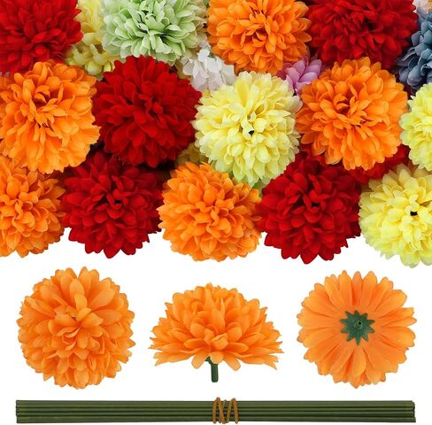 40Pcs 2.75'' Marigold Flowers Heads Bulk, Silk Marigold Artificial Flowers for Diwali Home Decor DIY Wreath Garland Craft Baby Shower Wedding Mexican Party Decoration Halloween Decor（Colorful-B） in Saudi Arabia