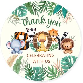 ستيكرات لاصقة بعبارة «Thank you for Celebrating with us» مقاس 2.4 انش لحفلات استقبال المولود الجديد، ملصقات بتصميم غابة سفاري لتزيين حفلات اعياد الميلاد للاولاد (80 قطعة) 3 in Kuwait
