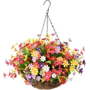 Homsunny Artificial Hanging Flowers in Basket,Artificial Daisy Flower Arrangement,12 inch Coconut Lining Basket for Outdoor Indoor Patio Lawn Garden Summer Decoration(Blue Green Purple)