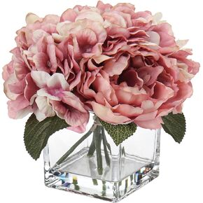 Fake Flowers with Vase Hydrangea Artificial Flowers in Vase Peony Faux Flowers in Vase Rose Silk Flowers Peonies Floral Arrangements Artificial with Vase for Home Bathroom Office Table Shelf Decor