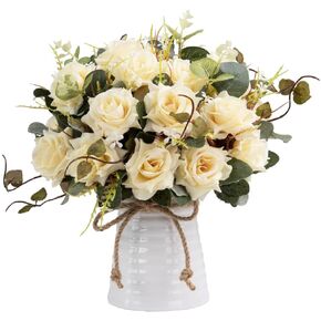 LESING Artificial Rose Flowers with Vase Faux Silk Fake Rose Flowers Bouquets in Vase Table Centerpiece Arrangement for Home Wedding Decoration (Champange)