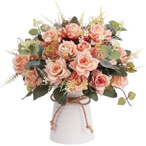 LESING Artificial Rose Flowers with Vase Faux Silk Fake Rose Flowers Bouquets in Vase Table Centerpiece Arrangement for Home Wedding Decoration (Champange) in Kuwait