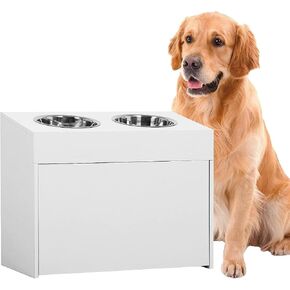 MYOYAY Dog Feeder Station Dog Food Storage Cabinet Pet Food Storage Container with Dog Raised Bowls and Hanger for Feeding & Watering Supplies White in Kuwait
