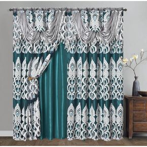 GOHD الطاووس الفخر. ستارة نافذة من قماش الجاكار الفوال المشبك مع ستارة قصيرة مرفقة وظهر من قماش التفتا. مجموعة 2 قطعة. كل قطعة بعرض 137.16 سم × ارتفاع 213.36 سم + ستارة قصيرة مقاس 45.72 سم. (نايتسكي بلو) in Kuwait