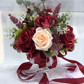 Ciandid Wedding Bridal Bouquet, Burgundy Peonies & Champagne Roses with Lace Ribbons Tossing Bouquet for Bride French Rustic Artificial Bouquet